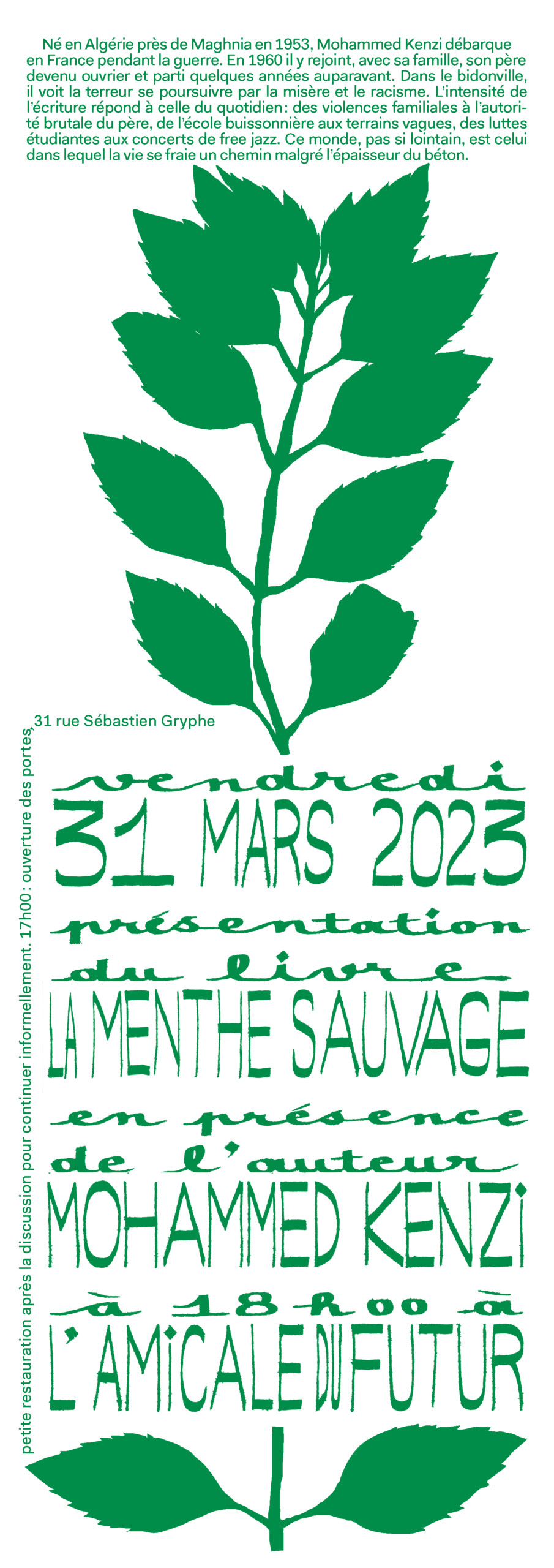 L'Amicale du Futur, 31 rue Sébastien Gryphe Lyon 7e VEN 31/03 – 18H – PRÉSENTATION « LA MENTHE SAUVAGE », MOHAMMED KENZI