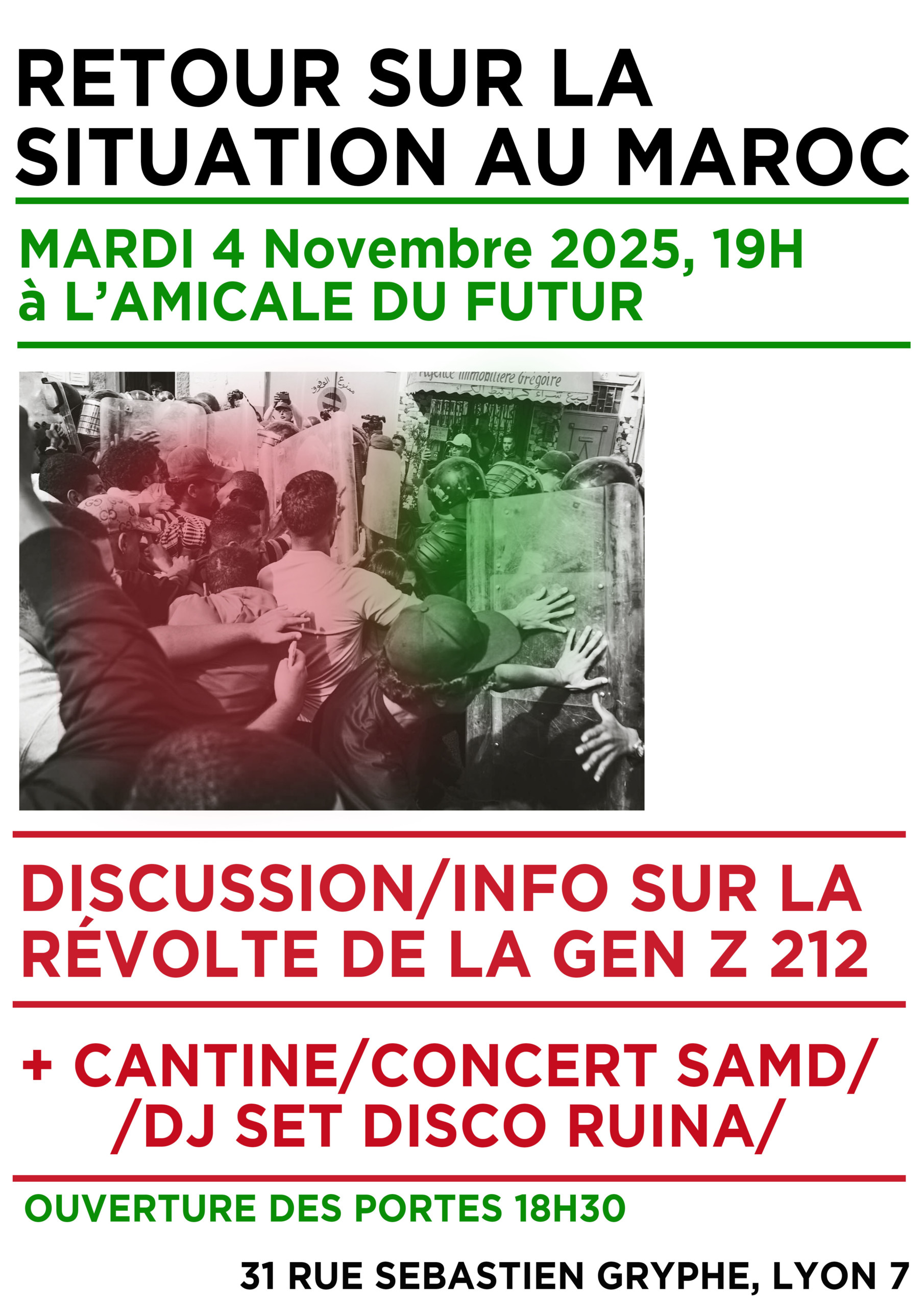 L'Amicale du Futur, 31 rue Sébastien Gryphe Lyon 7e MAR 04/11 -19H – SOIREE D’INFORMATION AUTOUR DE LA REVOLTE DE LA GEN Z 212 AU MAROC